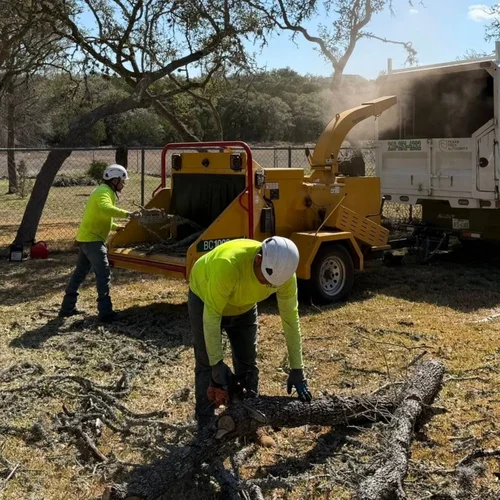 Crew members throwing branches into a chipper in Kerrville, TX